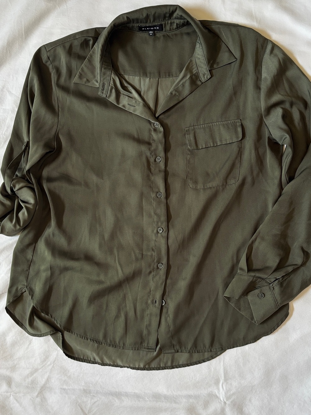 Pleione Olive Green Satin Blouse Women Medium Roll Tab Sleeve Utility Shirt